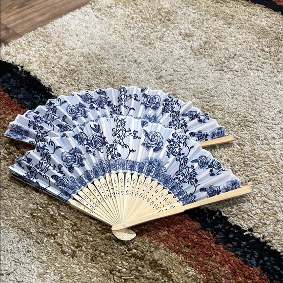 2 Blue and White Floral Hand Fans Church Fans NWOT Summer Events Wedding More - Picture 1 of 7